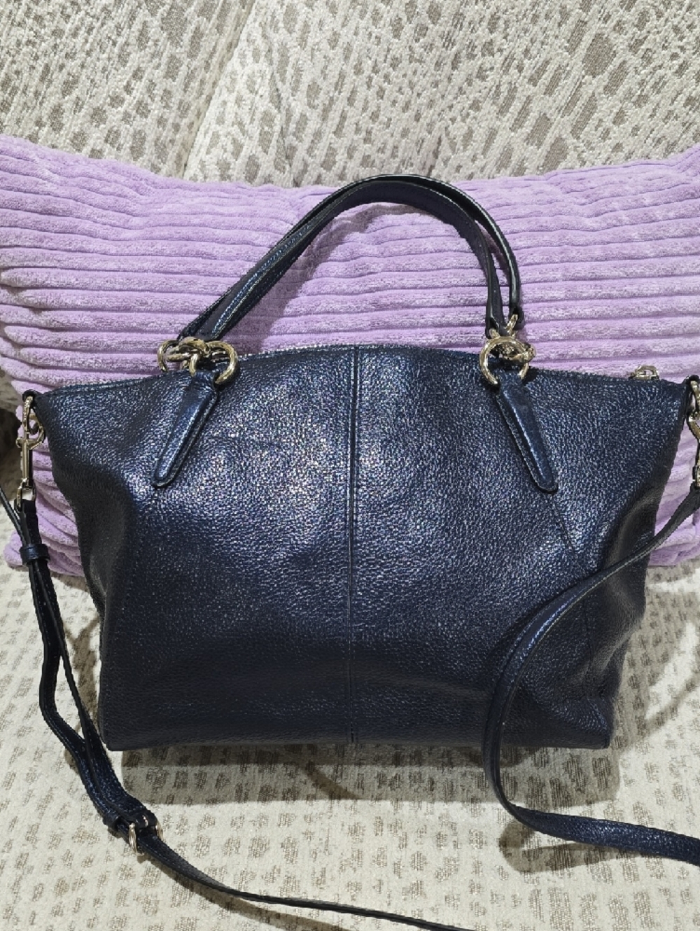 Coach Pebbled Leather Shoulder Satchel - Metallic Navy Blue - Picture 2 of 15